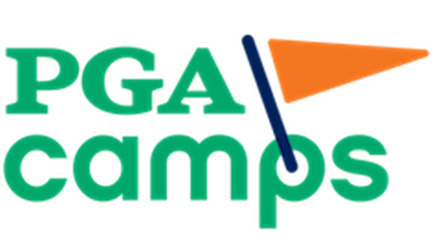 PGA Camps logo with PGA in green above camps in green lowercase letters; a stylized orange golf flag on a blue pole replaces the letter a in camps.