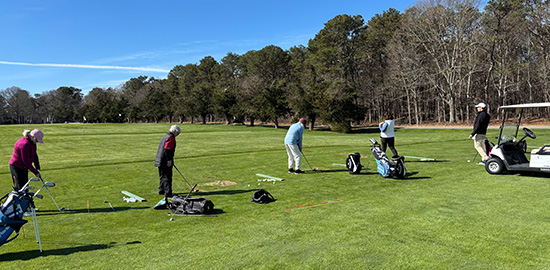 Five people practice golf on a sunny green driving range with golf bags and a white golf cart nearby. Trees and a clear blue sky are in the background.