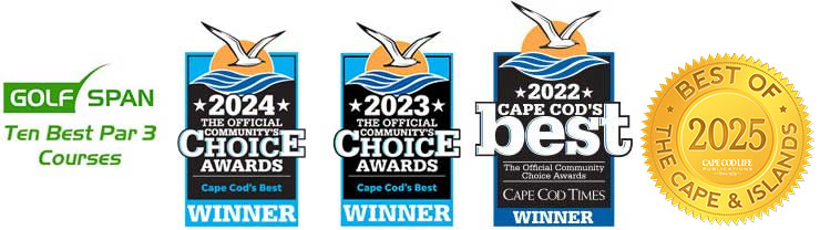 A row of four awards: a green Golf Span logo for Ten Best Par 3 Courses, two 2024 and 2022 Cape Cods Best Community Choice Awards, and a gold 2025 Best of Cape & Islands badge.