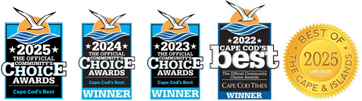 Four blue and black award badges labeled “Cape Cod’s Best” and “Community’s Choice Awards” from 2022 and 2025, plus a gold seal reading “Best of Cape & Islands 2025” from Cape Cod Times.