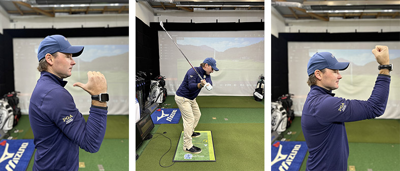 A man in a blue cap and golf attire demonstrates golf swing techniques indoors, with golf clubs and a virtual golf simulator screen in the background.