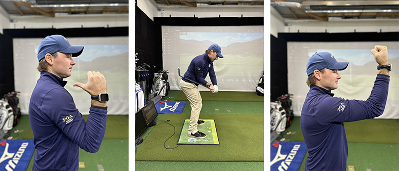 A man in a blue cap and jacket demonstrates a golf swing indoors, showing different positions: arm flexed, setting up to hit a ball on a mat, and flexing his arm, all in a golf simulator room with equipment.