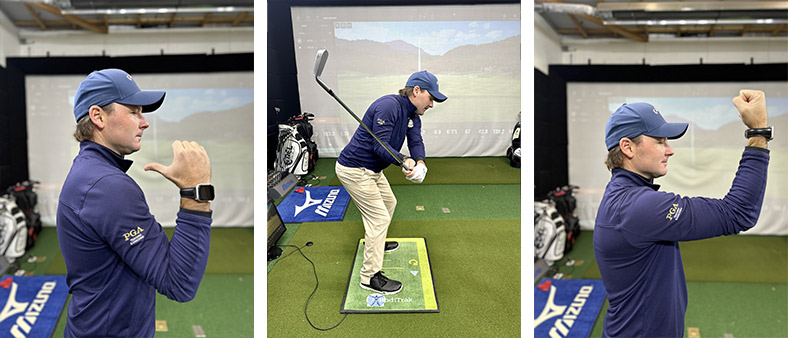 A man in a blue cap and jacket demonstrates golf swing poses indoors, with golf equipment and a virtual course screen in the background. He shows different arm and stance positions in three separate frames.