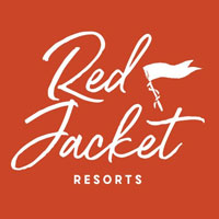 White script text reading Red Jacket Resorts with a small white flag on a pole, all set against a solid red-orange background.