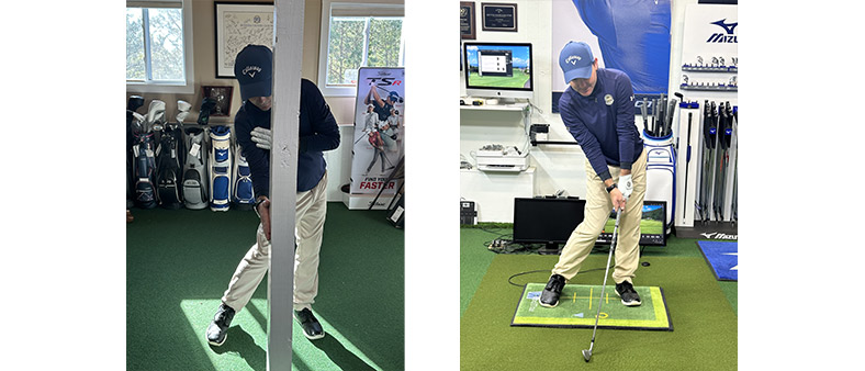 Two images of a golfer indoors demonstrating golf swings: on the left, standing near a post; on the right, preparing to hit a ball on a practice mat in a room filled with golf equipment and technology.