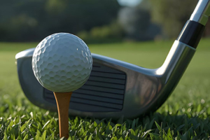 tile-adult-programs Close-up of a golf club poised to hit a golf ball resting on a wooden tee, with green grass and a blurred outdoor background.