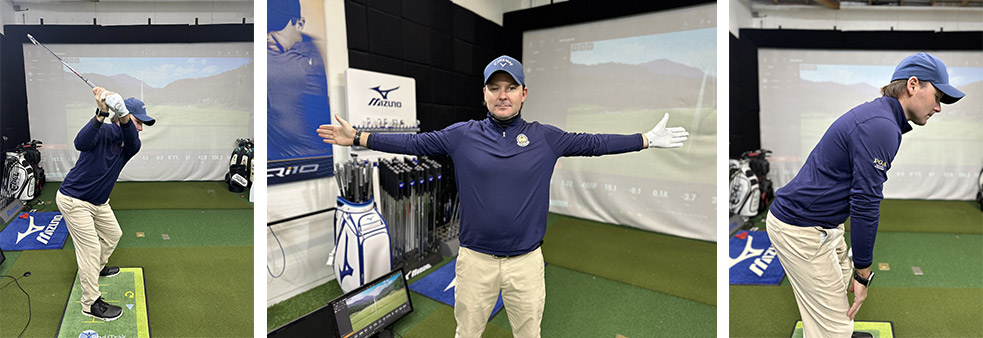 A man in a golf simulator room demonstrates three golf stances: backswing position, arms extended sideways for posture, and bent-over setup with hands together. Golf bags and clubs are visible in the background.
