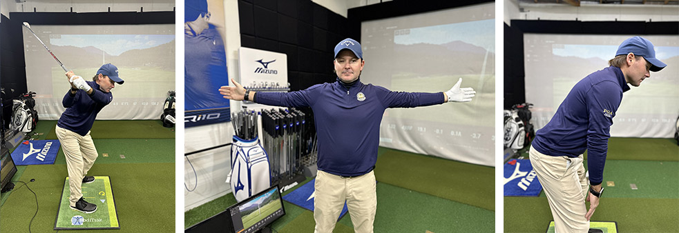 A man in a golf training facility demonstrates three golf stance positions: holding a golf club mid-swing, standing with arms extended sideways, and bending forward as if preparing to swing.
